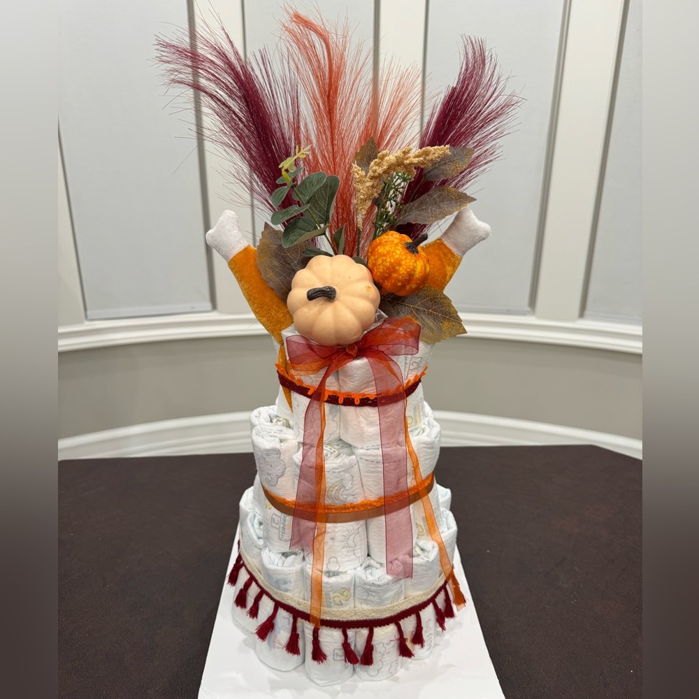Autumn Themed Diaper Cake with Orange Accents